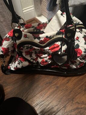 Betsey Johnson White Tote with Red Rose Print and Black Trim